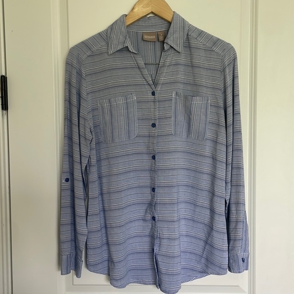 Chico’s Women’s Striped Front Button Tunic Shirt Chambray Blue M - Picture 1 of 8